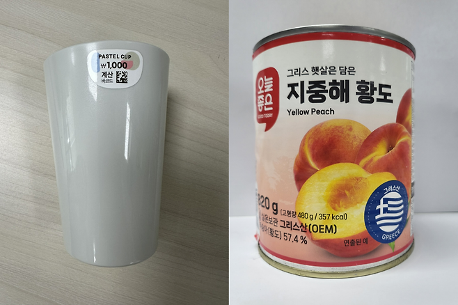 회수조치된 다이소 플라스틱 컵과 롯데마크 황도캔.