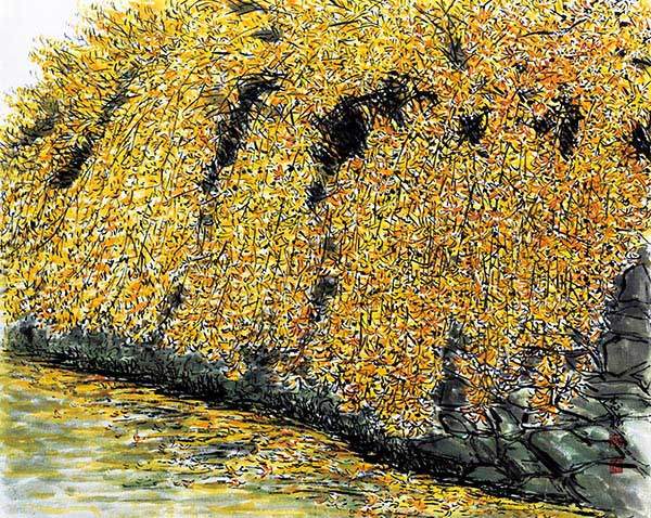 개나리 75×60.5cm 한지 위에 수묵채색. 이른 봄에 피어 제일 먼저 봄을 알리는 꽃. 우리나라가 원산지인 개나리꽃은 전국 어디에서나 볼 수 있는 아름답고 사랑스런 꽃으로 우리 민족과 함께한 가장 서민적이고 한국적인 꽃 중의 하나라 할 수 있다.