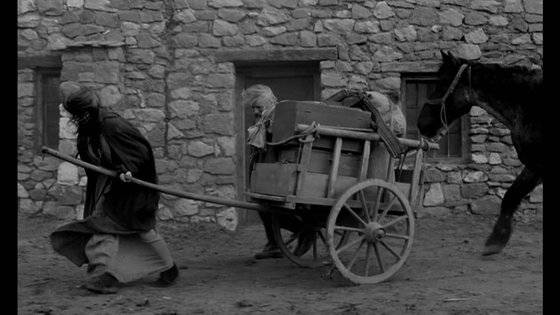 헝가리 영화 ‘토리노의 말’. 1889년 1월 3일 이탈리아 토리노에서 프리드리히 니체가 마부로부터 채찍질을 당하고 있던 말을 붙잡고 울었던 일화를 모티브로 하고 있다. 영화의 주인공은 니체가 아니라 그 일화에 등장한 말과 마부 그리고 마부의 딸의 이후의 이야기를 다루고 있다. [영상 캡처]