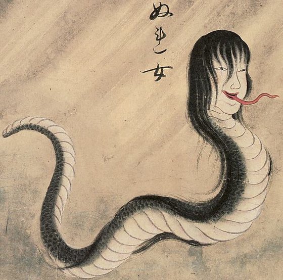 일본의 뱀 요괴 '누레온나'. 에도 시대 일본 화가 사와키 스우시가 그린 '백괴도관' 삽화. 1737년.