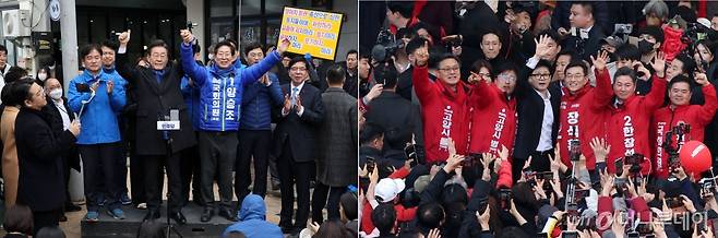 [홍성·고양=뉴시스] 고범준 기자 = 이재명 더불어민주당 대표와 한동훈 국민의힘 비상대책위원장이 11일 오후 각각 충남 홍성군 홍성시장과 고양시 라페스타 거리를 방문해 총선 예비후보들과 함께 시민들에게 인사하고 있다. (공동취재) 2024.03.11. photo@newsis.com /사진=