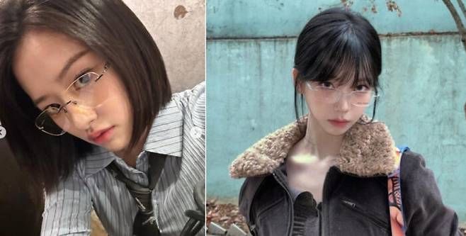 긱시크 트렌드가 확산하면서 두툼하고 각진 뿔테 안경, 투명한 색상의 안경 등이 인기다. 안경으로 패션을 완성한 아이돌 그룹 아이즈원 안유진(왼쪽), 에스파 카리나. [사진=안유진/카리나 인스타그랩 캡처]