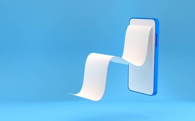 Cash money, payment, financial service. Mobile phone with empty paper financial bill. 3d rendering.