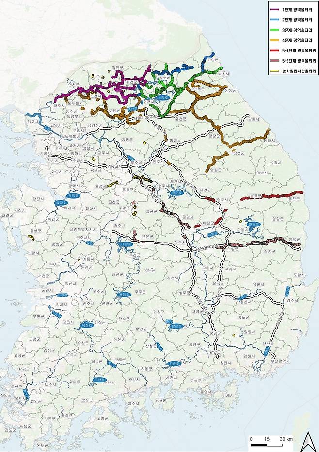 아프리카돼지열병 광역울타리 설치 현황. 환경부 제공.