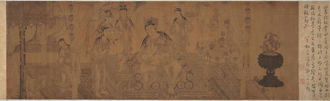 이모육불도, 왕진붕, 중국, 원, 14세기 전반, 횡권, 비단에 먹, 전체 33.0×508.0 cm. 보스턴미술관 제공