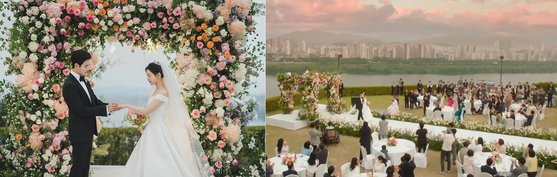 '눈물의 여왕'의 한 장면. 서울 워커힐 호텔의 별채 애스톤하우스에서 재벌 3세 해인과 현우의 결혼식 장면을 찍었다. 실제 재벌, 유명 스타들의 결혼식 장소로도 잘 알려진 장소다. 사진 tvN