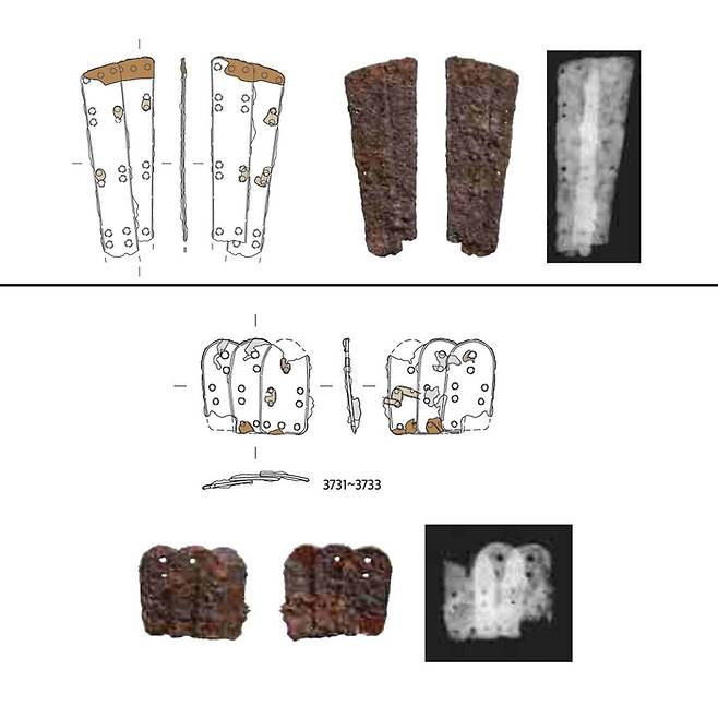 어깨 부위 갑옷의 소찰들(위)과 종아리 부위 갑옷 유물들의 실물과 도면, 엑스레이 사진. 국립경주문화재연구소 제공