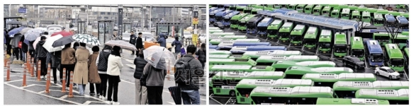 빗속 하염없는 택시 대기 - 28일 오전 서울 중구 서울역 환승센터에서 버스를 타지 못한 시민들이 택시를 잡기 위해 줄지어 서 있다(왼쪽 사진). 비슷한 시간 양천구 양천공영차고지에 시내버스 노조 파업으로 운행을 멈춘 버스가 빼곡히 주차돼 있다(오른쪽 사진). 시내버스 노조는 사측과의 임금 협상이 결렬돼 이날 오전 4시부터 파업에 돌입했다가 11시간여 만인 오후 3시 30분 타협점을 찾으면서 업무에 복귀했다. 하지만 출근길 시민들은 큰 불편을 겪었다. 도준석 전문기자