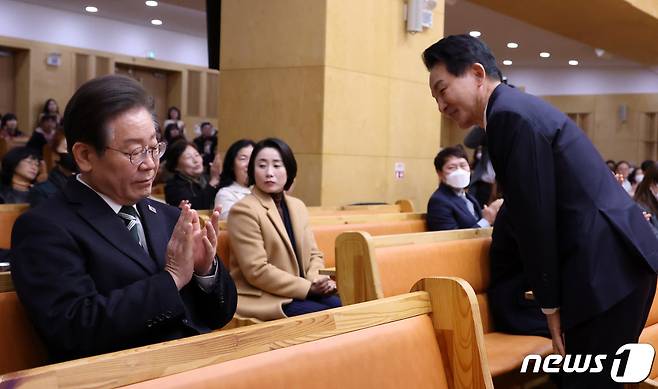 제22대 총선 인천 계양을에 출마한 이재명 더불어민주당 대표가 31일 오전 인천 계양구 가나안교회에서 열린 부활절 예배에서 원희룡 국민의힘 후보 소개에 박수를 보내고 있다. (공동취재) 2024.3.31/뉴스1 ⓒ News1 임세영 기자