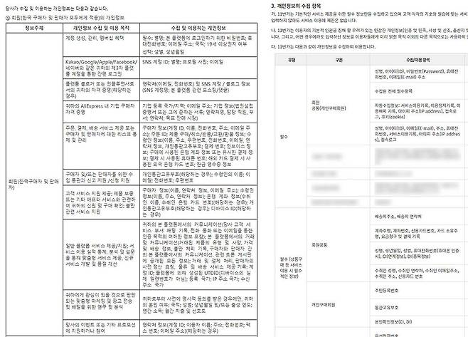 알리익스프레스의 개인정보 요구 사항(좌)과 11번가의 요구 사항(우). 해외 서비스 특성상 추가로 요구하는 정보를 고려하더라도 제공하는 정보가 더 많습니다 / 출처=IT동아