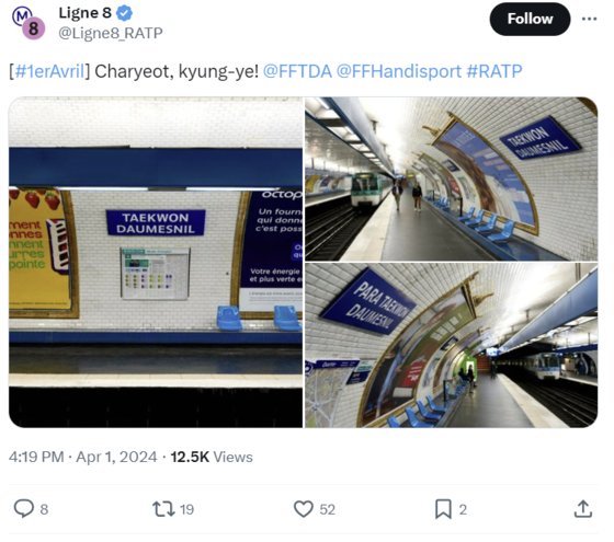 1일(현지시간) 파리교통공사가 만우절을 맞아 지하철 역명 표지판을 올림픽 종목명으로 바꾸는 이벤트를 진행했다. 사진 엑스 캡처