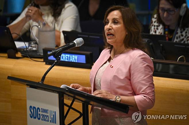 지난해 9월 18일(현지시간) 미국 유엔본부에서 연설하는 디나 볼루아르테 페루 대통령 [EPA 연합뉴스 자료사진. 재판매 및 DB 금지]