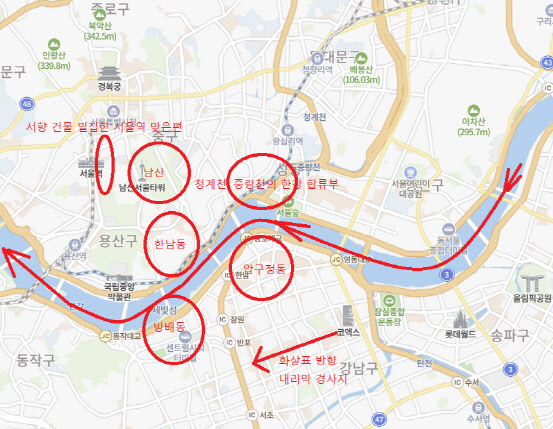 서울 시내 주요 풍수 관련 지역.(사진=네이버 지도 캡쳐)