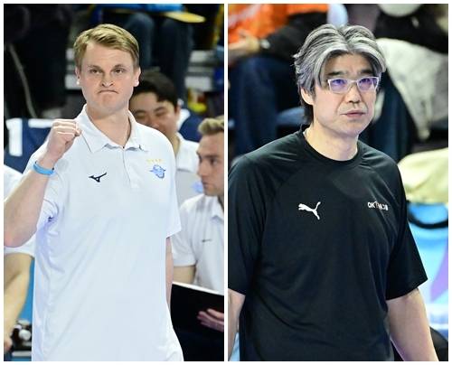 틸리카이넨(왼쪽) 감독과 오기노 감독. 제공 | 한국배구연맹