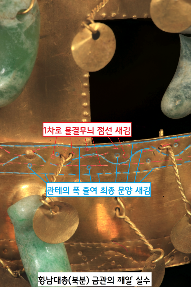 황남대총(북분) 금관(국보)에도 흠결이 보인다. 관테에 새긴 점선 물결무늬의 폭을 줄여 다시 새겼다.|이한상 대전대 교수 제공