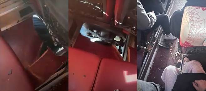 대학교 통학버스가 타이어 펑크 사고로 밑바닥에 구멍이 뚫린 채 고속도로를 달렸다. 구멍 사이로 파편이 튀면서 탑승한 학생 3명이 다쳤다. /사진=MBC 보도 영상 캡처
