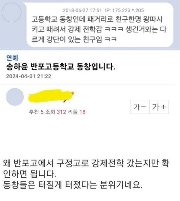 2018년 ‘송하윤이 학폭으로 인해 강제 전학 갔다’고 폭로한 누리꾼의 댓글(위)과 학폭 의혹이 본격화된 1일 온라인 커뮤니티에 게시된 누리꾼의 증언. 두 사람 다 ‘송하윤의 반포고 동창’이라고 주장하고 있다. 반포고는 송하윤이 부천 중원고에 이어 두번째로 다닌 고등학교로 이후 그는 압구정고로 전학갔다. 온라인 커뮤니티 캡처