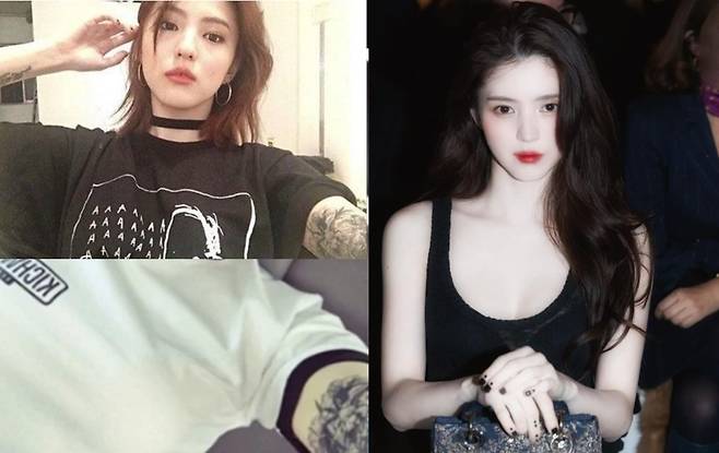 한소희 배우 데뷔 전 타투가 있는 모습과 타투가 제거된 모습이다. 보통 타투는 제거술을 받는다 하더라도 깨끗하게 원래의 피부로 돌아가는 것은 힘들다. [사진= 온라인커뮤니티 & 우측 한소희 인스타그램]