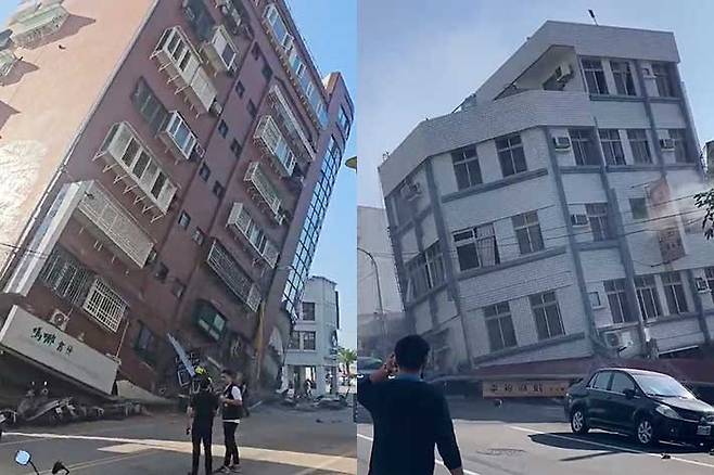 대만 강진으로 붕괴된 빌딩들. 연합뉴스
