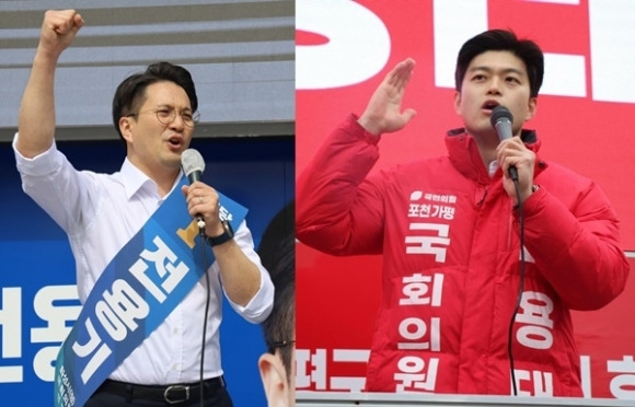 90년대 태생으로 지역구 국회의원 당선에 도전하는 전용기(왼쪽) 더불어민주당 경기 화성정 후보와 김용태(오른쪽) 국민의힘 경기 포천·가평 후보. 전용기·김용태 캠프 제공