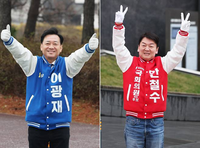 제22대 국회의원선거 공식 선거운동 첫날인 3월 28일 오전 경기도 성남시 분당갑에 출마한 이광재(왼쪽) 더불어민주당 후보와 안철수 국민의힘 후보가 출근길 시민들에게 인사하고 있다.(사진=연합뉴스)