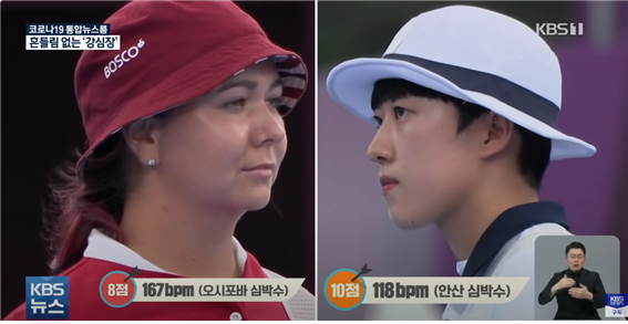 2021년 도쿄올림픽 양궁 결승전에서 경기하는 안산 선수(오른쪽)와 오시포바 선수. [사진=KBS 캡처]