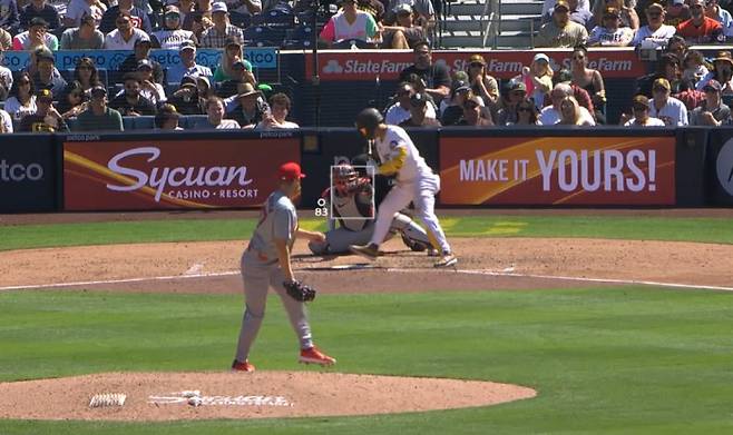 김하성이 5회 루킹 삼진을 당하고 있다. 세인트루이스 선발 잭 톰슨의 공이 바깥쪽 스트라이크존을 빠지는 볼로 나타나고 있다. 사진=MLB.TV 중계 캡처