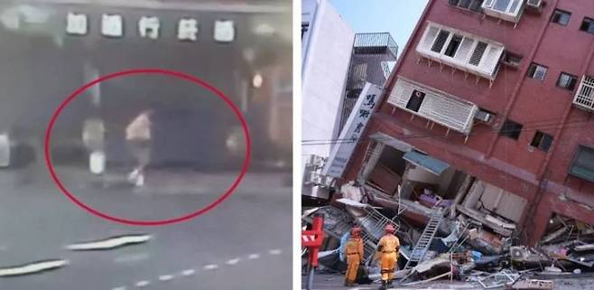 3일 지진이 발생한 대만 화롄현에서 자신의 반려 고양이를 구하러 기울어진 건물(오른쪽)에 들어가는 여교사(왼쪽)의 모습. 여교사는 결국 여진으로 인해 건물 안에서 사망했다./CTWANT 캡처
