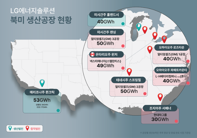 LG에너지솔루션 북미 지역 이차전지 생산공장 현황과 생산 규모. LG에너지솔루션 제공