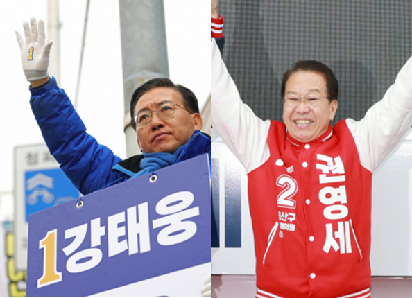 서울 용산에 출마한 강태웅(왼쪽) 더불어민주당 후보와 권영세 국민의힘 후보. 연합뉴스