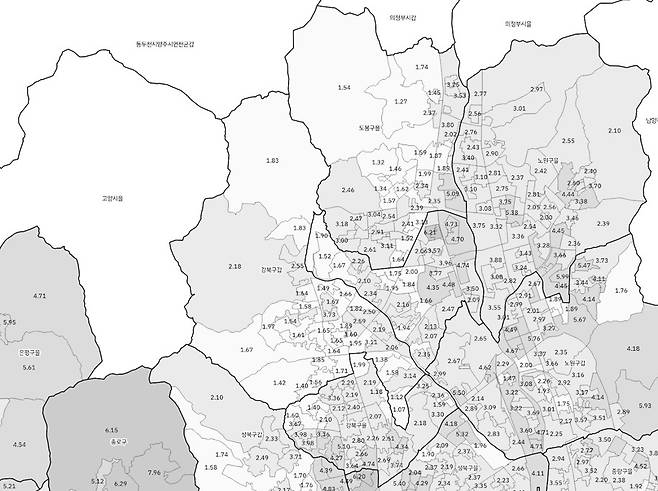 <그림 1> 서울 강북갑·도봉을 지역 투표구별 평균 주택공시가격(단위:억원, 색이 진할수록 가격이 높음). 서울에서도 손꼽히는 서민 주거 지역이다.