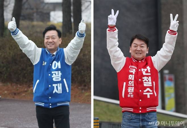 (성남=뉴스1) 김영운 기자 = 제22대 국회의원 선거 경기 성남 분당갑에 출마한 이광재 더불어민주당 후보(왼쪽부터)와 안철수 국민의힘 후보가 공식 선거운동이 시작된 28일 오전 경기 성남시 분당구 일대에서 출근길 시민들에게 인사를 하고 있다. 2024.3.28/뉴스1  Copyright (C) 뉴스1. All rights reserved. 무단 전재 및 재배포,  AI학습 이용 금지. /사진=(성남=뉴스1) 김영운 기자