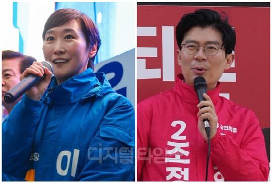 이지은(왼쪽) 더불어민주당 서울 마포갑 후보와 조정훈 국민의힘 후보. <디지털타임스 DB>