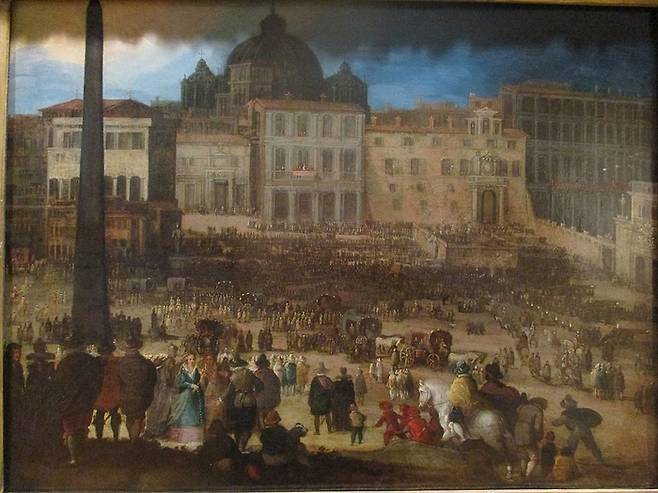 교황을 뽑는 콘클라베를 묘사한 그림.