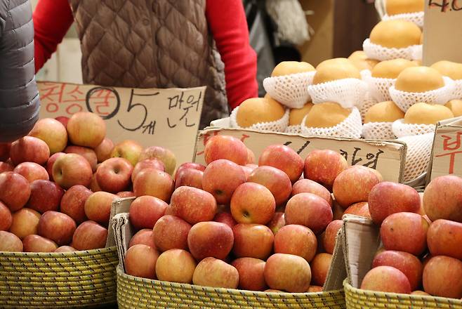 사진은 서울 한 전통시장에 진열된 사과. [연합]