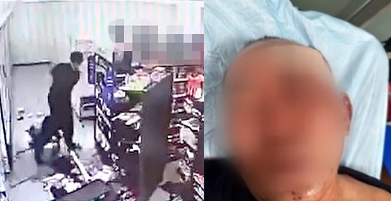 지난해 11월 경남 진주의 한 편의점에서 발생한 폭행 사건 CCTV 화면(왼쪽), 폭행을 말리다가 크게 다친 50대 남성 피해자. 연합뉴스, YTN
