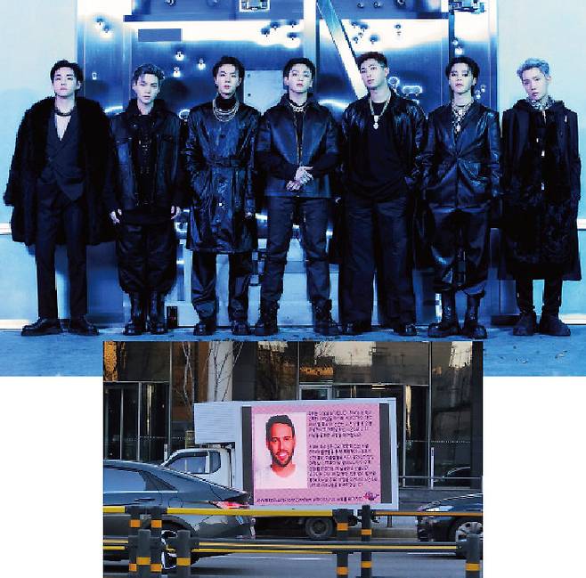 ‘아미 포 팔레스타인’은 BTS 곡에서 유래한 고래와 가사, 멤버들의 어록을 활용하고 있다(위). 스쿠터 브라운 하이브 아메리카 최고경영자를 퇴출하라는 ‘아미 포 팔레스타인’의 전광판 트럭. [하이브 제공, [X 캡처]