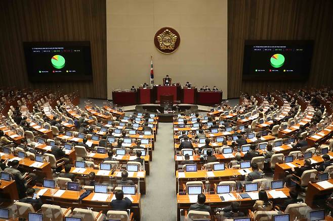 2022년 01월 11일 오후 서울 여의도 국회 본회의에서 '반도체특별법'으로 불리는 국가첨단전략산업 경쟁력 강화 및 보호에 관한 특별조치법안(대안)이 가결되고 있다. /국회사진기자단