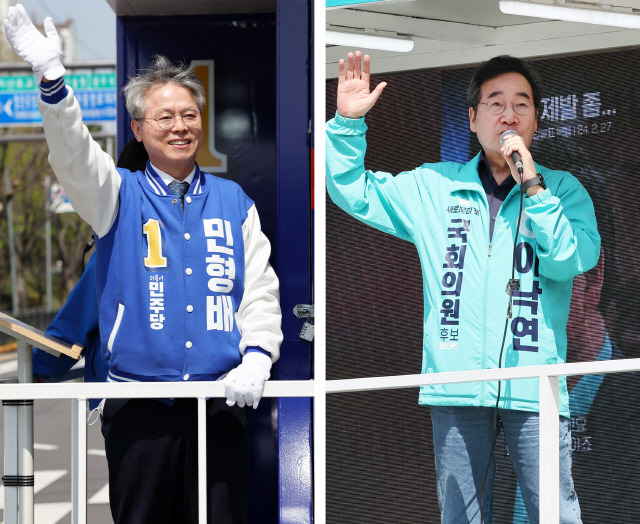 민형배 민주당 광주 광산을 후보(왼쪽)와 이낙연 새로운미래 후보가 9일 광주 광산구 거리에서 각각 유세차를 타고 시민들에게 지지를 호소하고 있다. 연합뉴스
