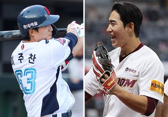 KBO 리그 초반을 뜨겁게 달구고 있는 롯데 자이언츠 이주찬(왼쪽)과 키움 히어로즈 이주형 형제. 형은 데뷔 후 처음으로 끝내기 안타를 쳤고, 동생은 팀의 연승을 이끄는 맹타를 휘둘렀다. 이주형은 미국으로 떠난 이정후의 후계자로 떠올랐다. [연합뉴스, 사진 롯데 자이언츠]