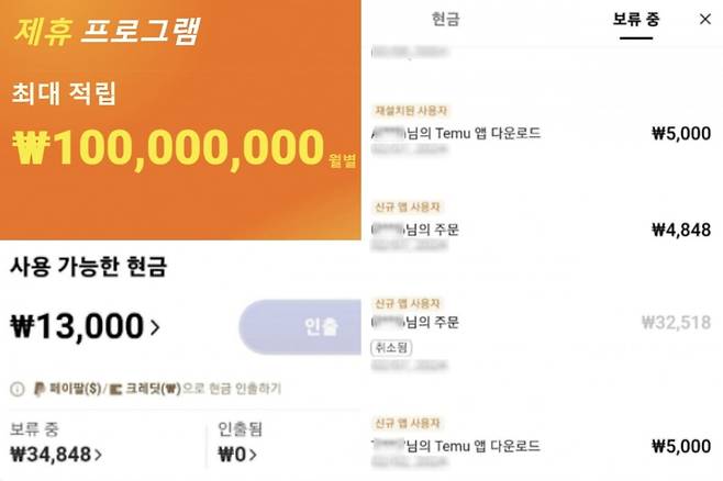 테무의 제휴 프로그램을 이용해 수익 창출하는 기존 회원들. /사진=테무 공식 홈페이지, 온라인 커뮤니티 캡처