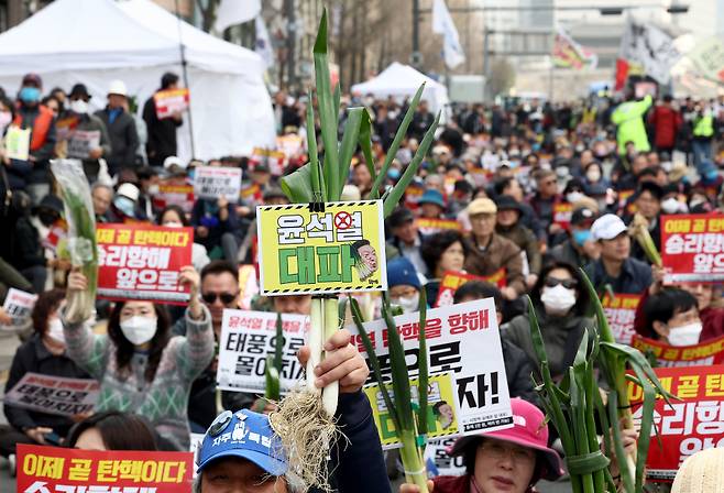 3월30일 오후 서울 시청역 인근 세종대로에서 열린 '83차 촛불 대행진' 집회에서 참가자들이 대파를 들고 정부 규탄 구호를 외치고 있다. ⓒ연합뉴스