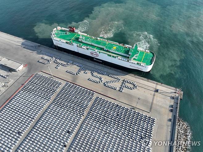 비야디 차량을 실은 선박이 1월 중국 선전에서 네덜란드와 독일을 향해 출항할 준비를 하고 있다 [신화 연합뉴스 자료사진 재판매 및 DB 금지]