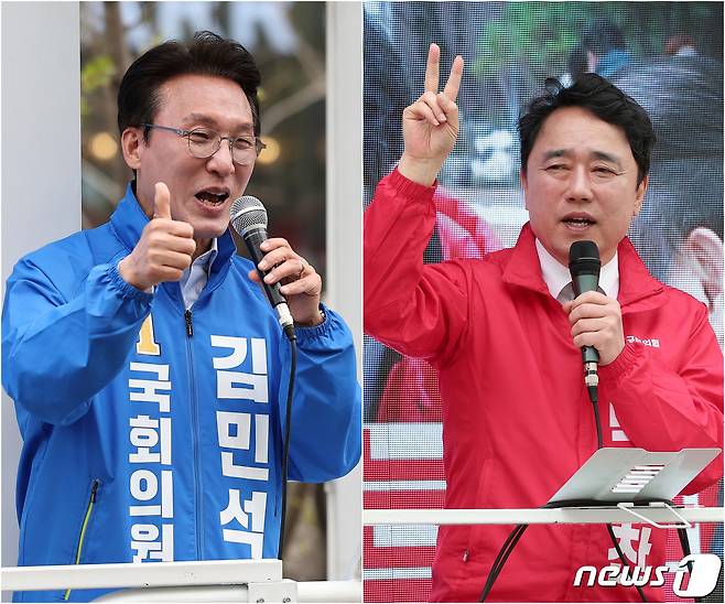 김민석 더불어민주당 서울 영등포을 후보(왼쪽)와 박용찬 국민의힘 서울 영등포을 후보가 각각 8일 서울 영등포구 여의도 우체국과 한양아파트 앞에서 지지를 호소하고 있다. 2024.4.8/뉴스1 ⓒ News1 김성진 기자