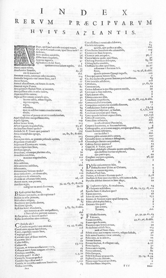 마르티니, ‘신중국지도’(1655)의 찾아보기 첫 페이지. 위키미디어