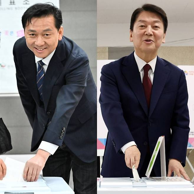 제22대 국회의원 선거 사전투표일인 5일 경기 성남시 분당구 서현1동 행정복지센터 사전투표소에서 경기 성남 분당갑에 출마한 이광재 더불어민주당 후보(왼쪽)와 야탑2동 행정복지센터에서 안철수 후보가 사전투표를 하고 있다. 뉴스1