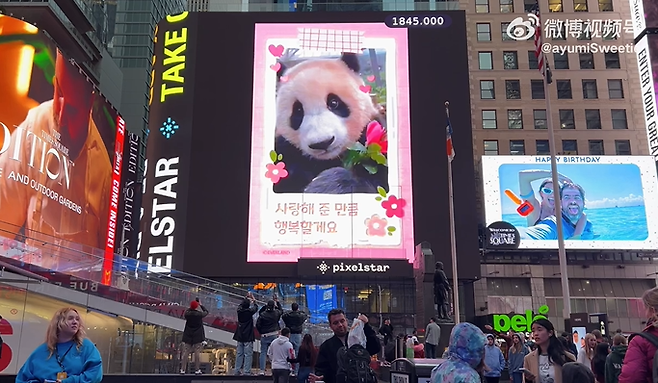 최근 미국 뉴욕 타임스퀘어에 게시된 푸바오 광고 / 사진=웨이보 캡처