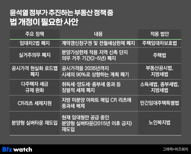 윤석열 정부가 추진하는 부동산 정책 중 법 개정이 필요한 사안./그래픽=비즈워치