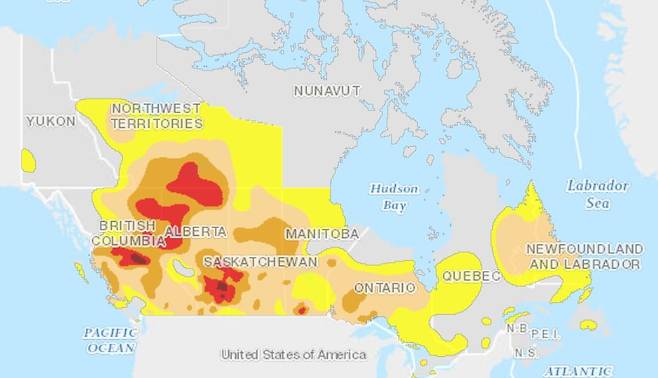 캐나다의 가뭄 현황을 보여주는 모니터 화면. <출처=캐나다 정부 홈페이지 캡처>
