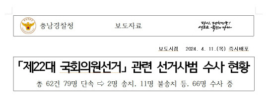 충남도경찰청이 제22대 국회의원선거와 관련해 선거사범 79명을 단속해 수사 중이다. 충남도경찰청 보도자료 갈무리